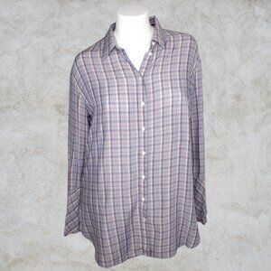 Treasure & Bond Long Bell Sleeved Top Button Up Red White Light & Dark Blue